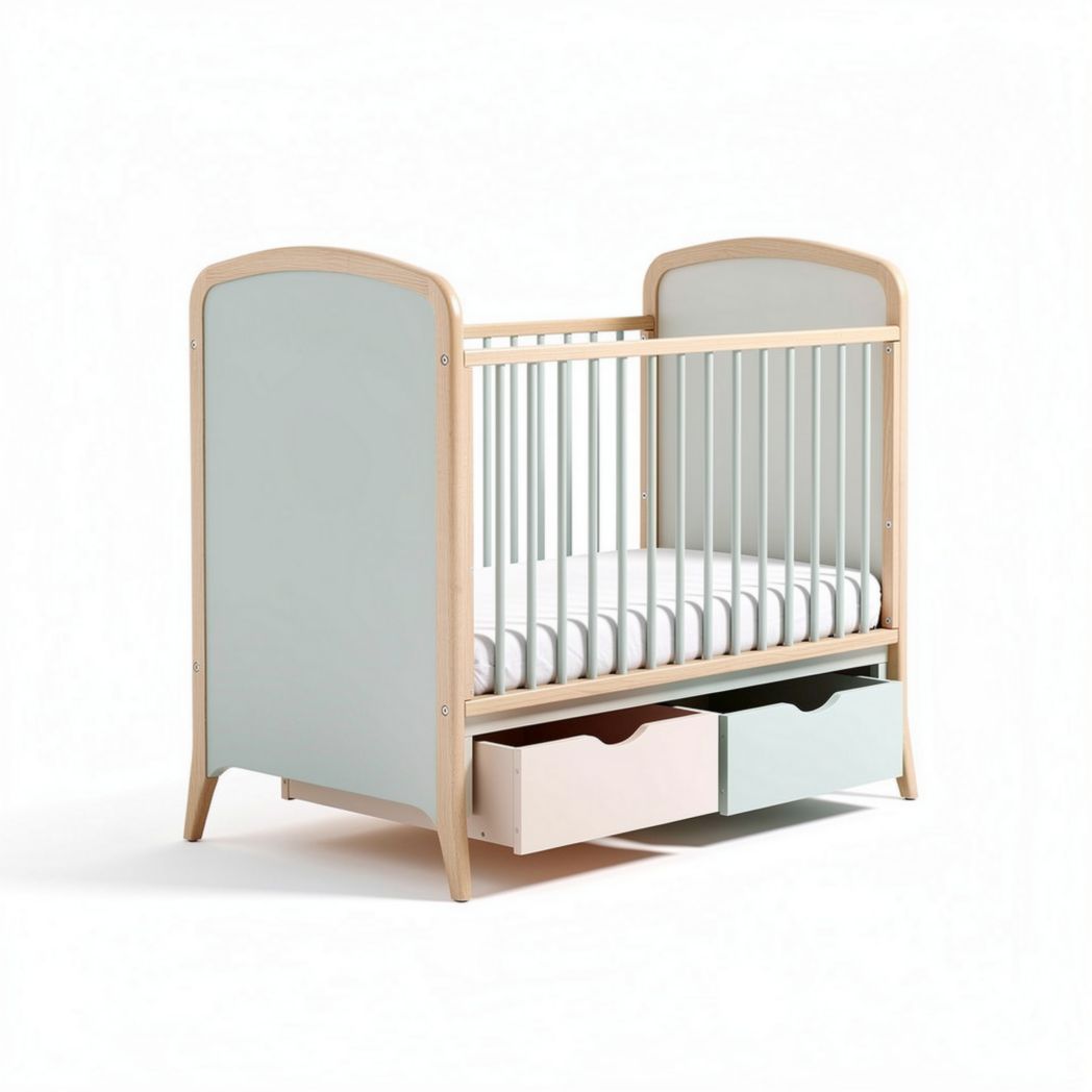 Baby crib with storage drawers made of wood and designed in pastel colors 130 x 70 x 90cm