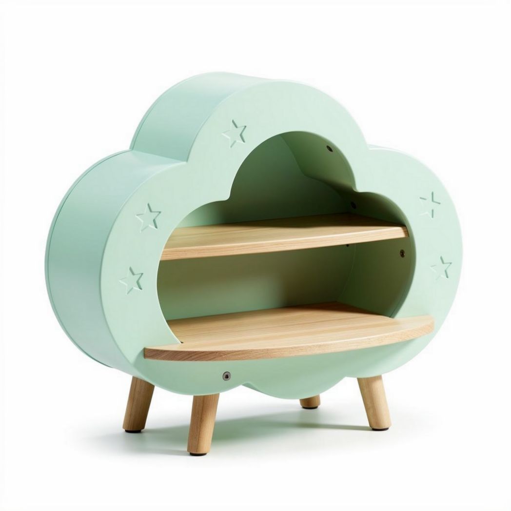 Cloud-shaped storage shelf with two wooden shelves and mint green finish