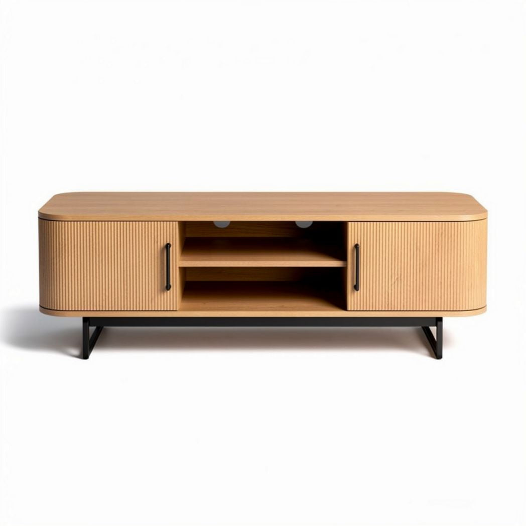 Natural wood TV stand with storage drawers and metal legs 150 x 40 x 50cm