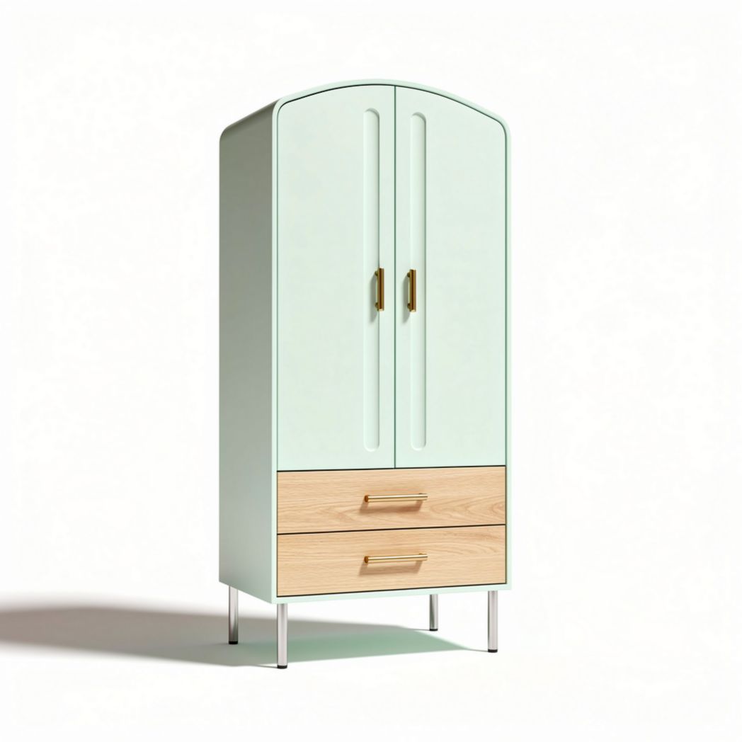 Green and wood finish wardrobe with two doors and two drawers 50 x 100 x 180cm