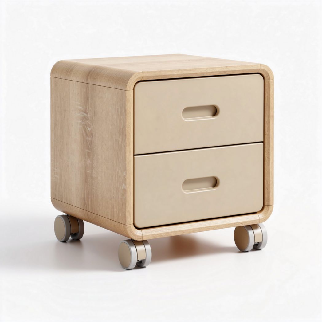 Wooden rolling nightstand with two drawers and smooth finish 45 x 45 x 50cm