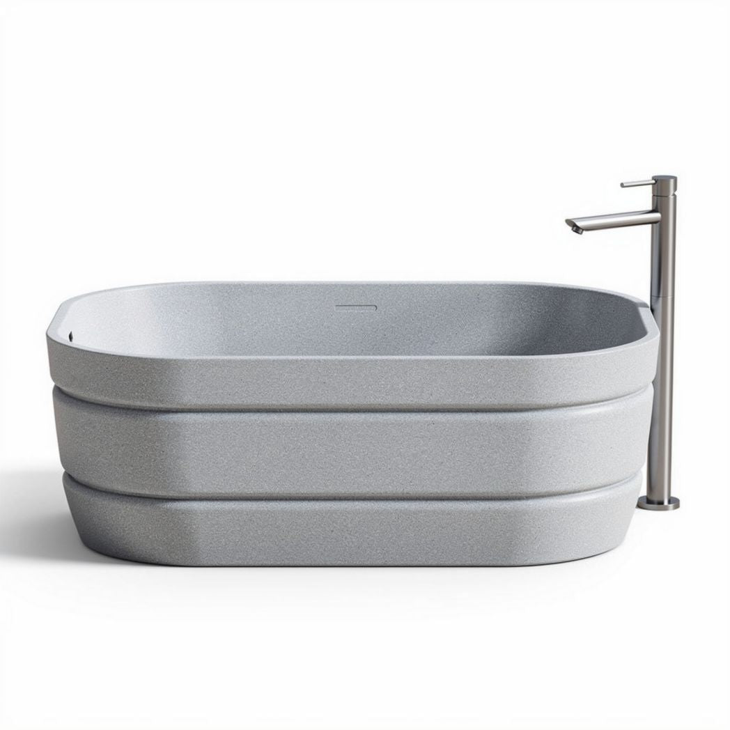 Freestanding oval bathtub with brushed nickel faucet in light grey 150 x 75 x 60cm