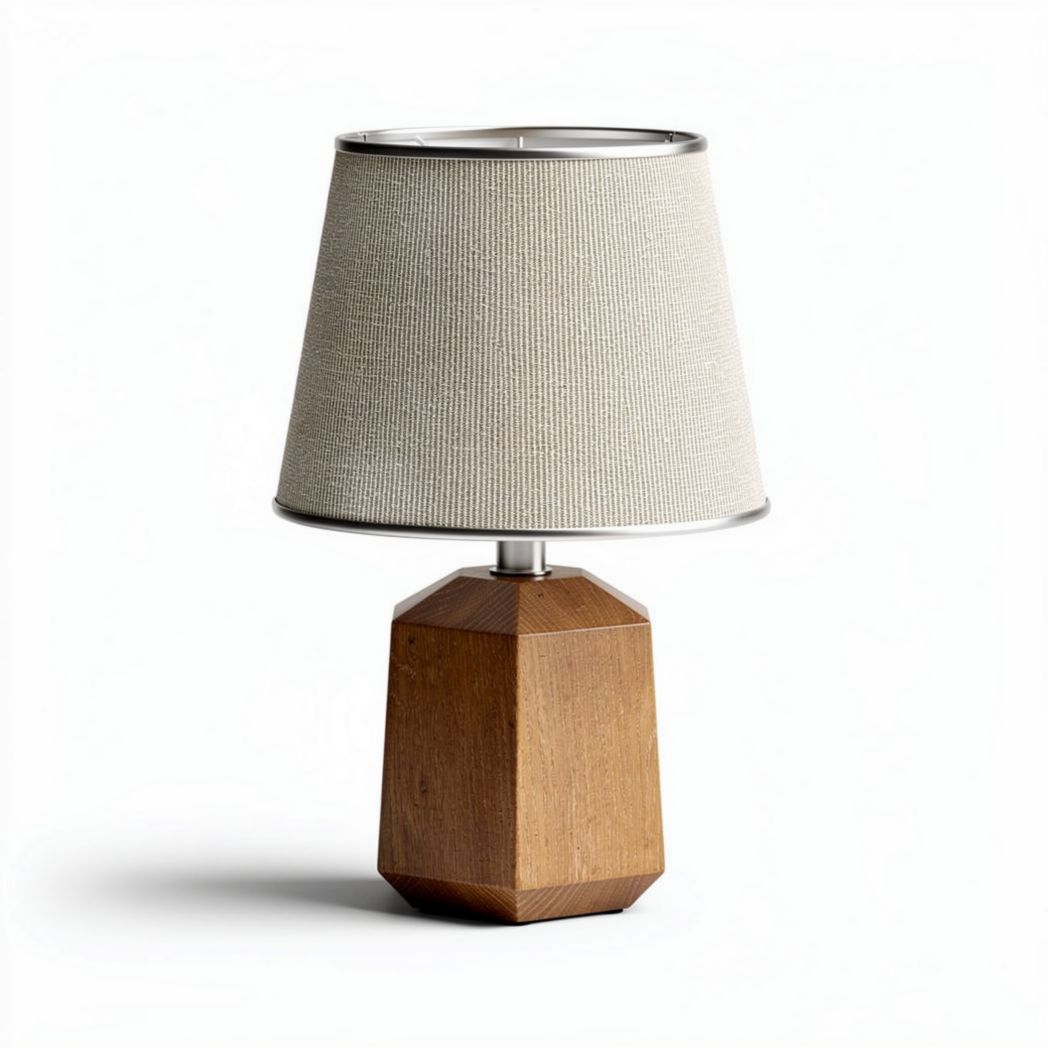 Wooden table lamp with fabric shade and geometric design 20 x 20 x 35cm
