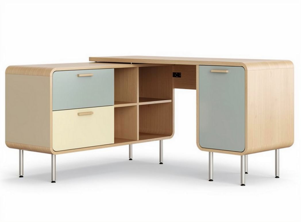 L-shaped wooden desk with storage compartments and integrated charging ports