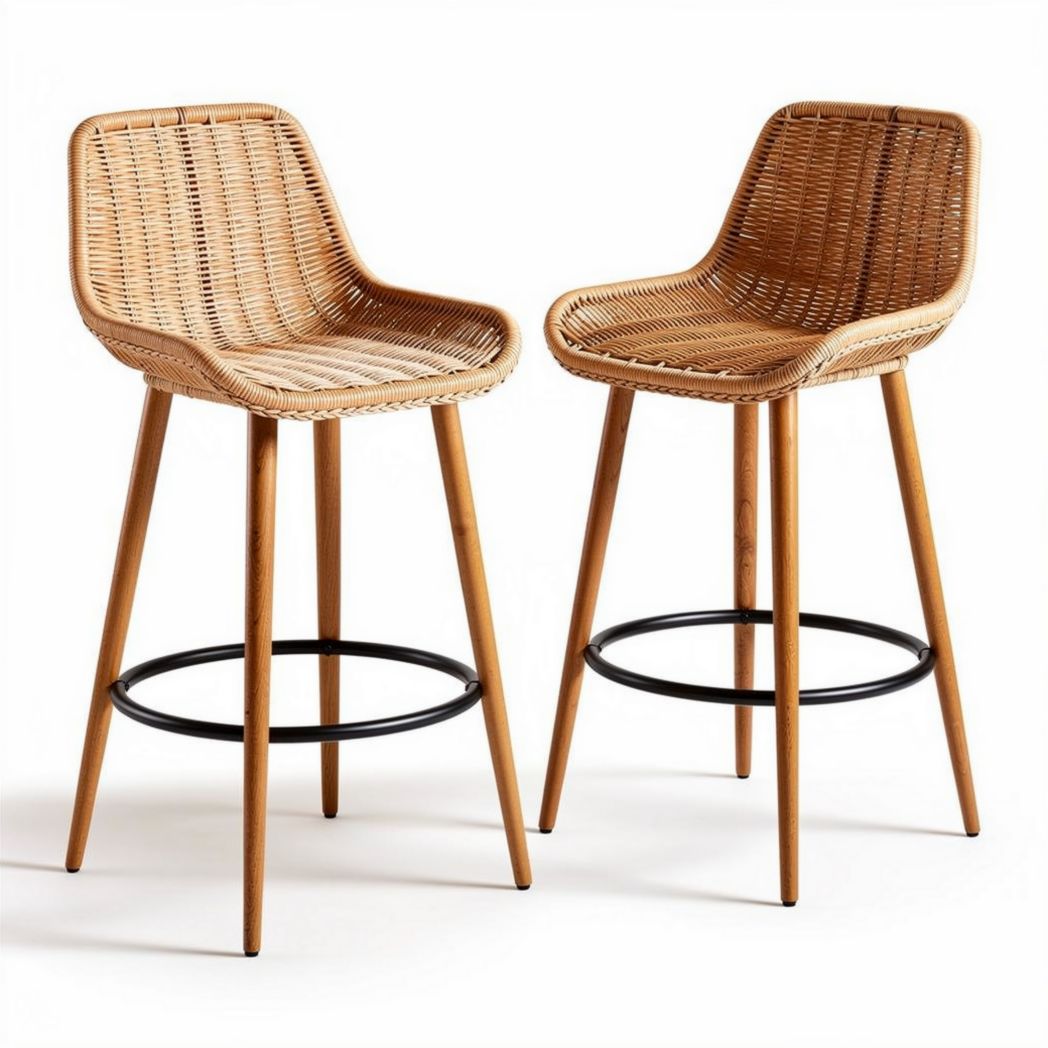 Woven rattan bar stools with wooden legs for indoor and outdoor use