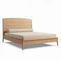 Wooden platform bed frame with upholstered headboard in light oak finish