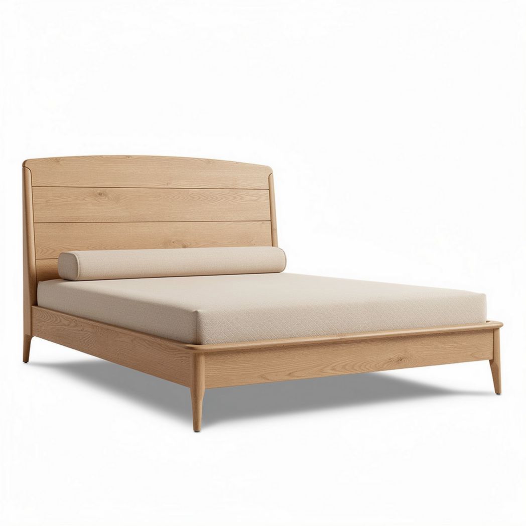 Wooden platform bed frame with upholstered headboard in light oak finish