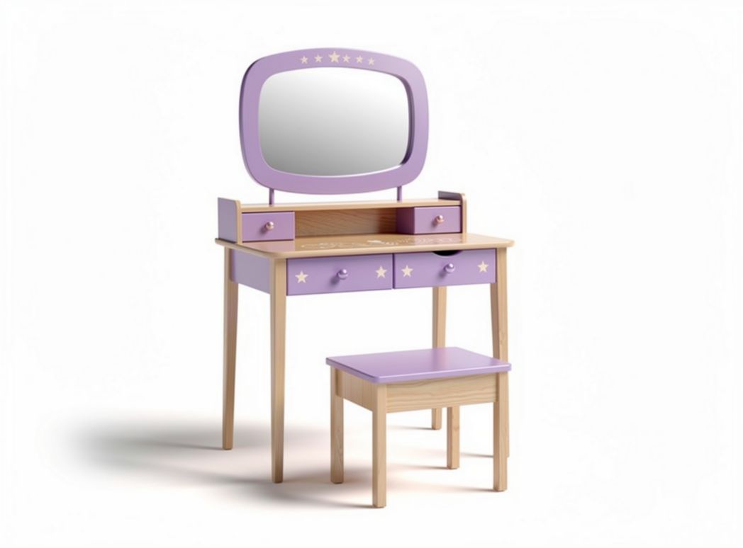 Kids vanity set with mirror and storage drawers wooden material purple color 80 x 40 x 140cm