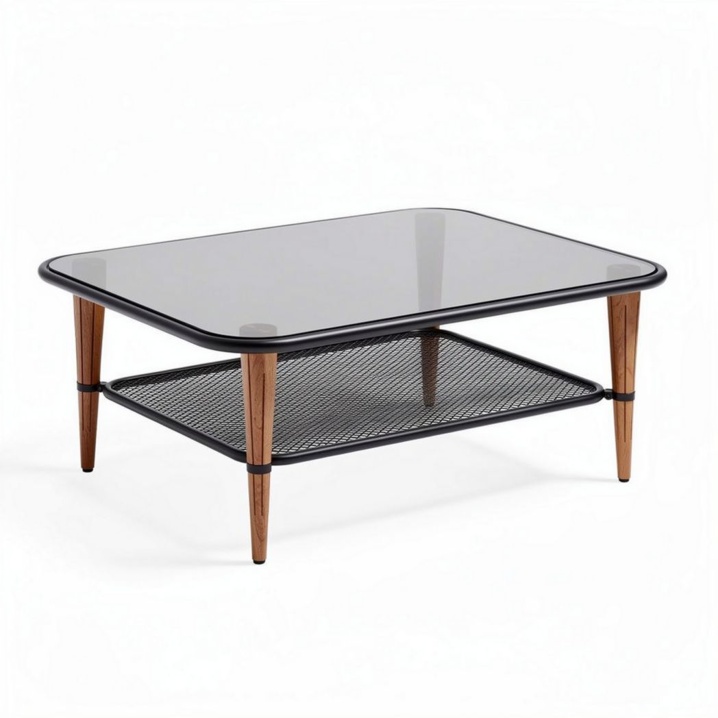 Glass top coffee table with metal frame and lower storage shelf 100 x 60 x 40cm